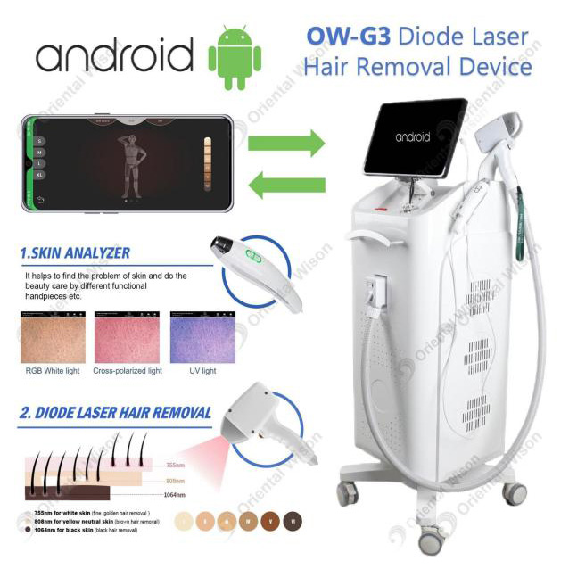 Macchina per la depilazione laser a diodi di sistema Android con analizzatore della pelle